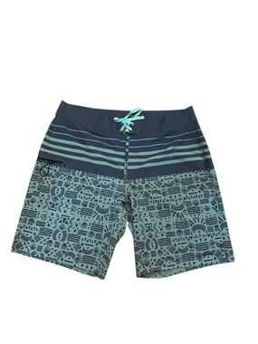 Patagonia Hydroflow 19” Stretch Striped Geometric Mens Board Shorts Size 38 Teal